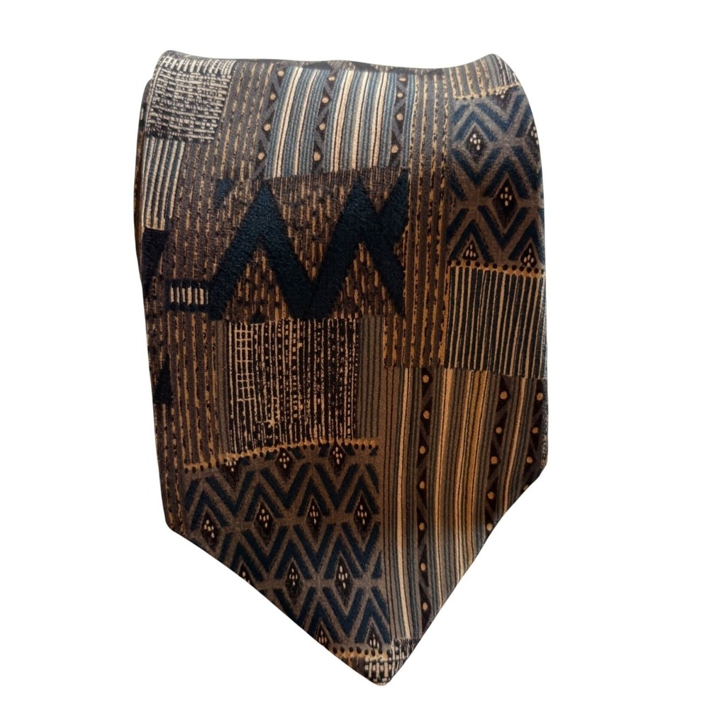 Graham & Lockwood Silk Necktie Mens One Size Geometric Patchwork Brown Navy Tie